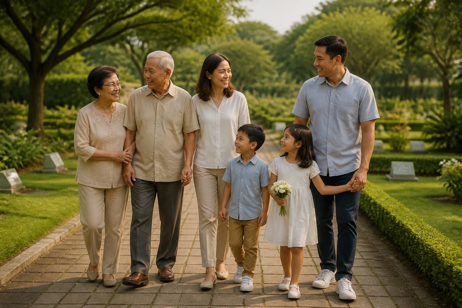 A multigenerational Filipino family walking together through a memorial park